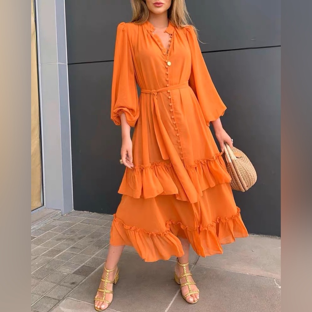 Ruffles Frill Hem Lantern Sleeve Button Dress